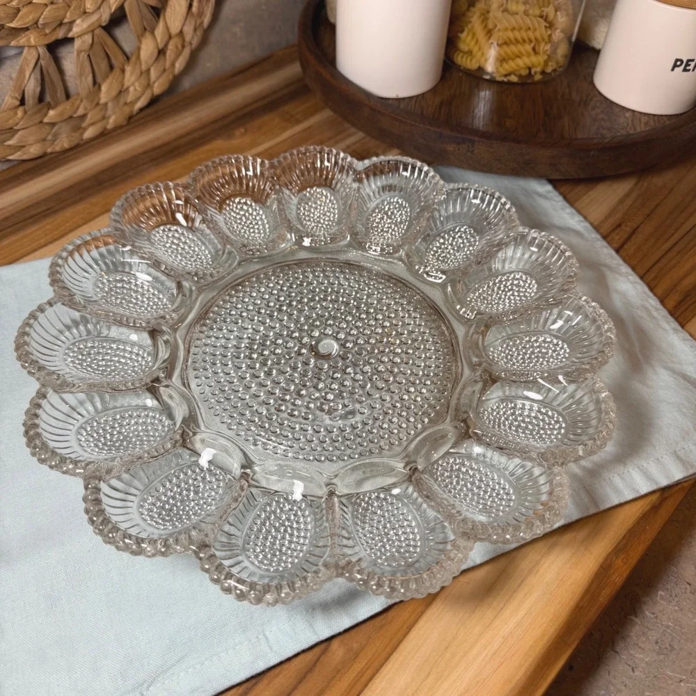 Vintage Hobnail Clear Glass Deviled Egg Platter 15 Slot Scalloped Server Tray